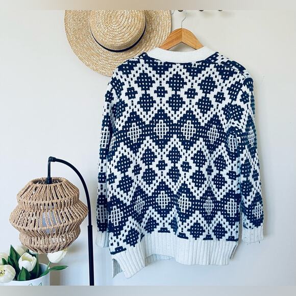 Madewell Contrast Fair Isle Oversized Cardigan Sweater Navy Ivory - Picture 4 of 6